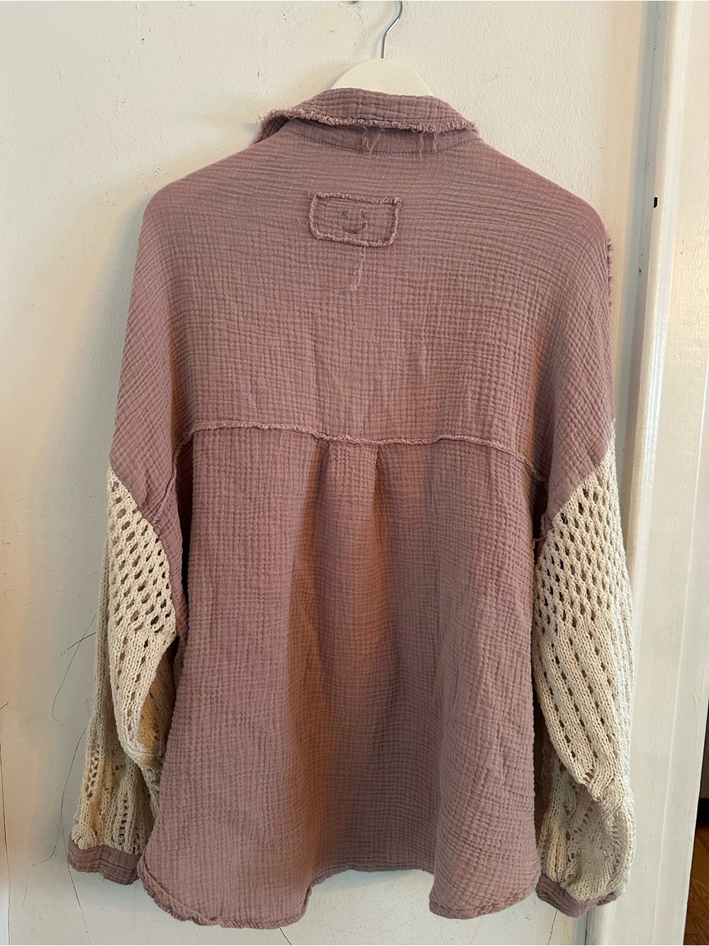 POL Mauve Gauze Crochet Sleeve Shacket Boho Oversized Button Up | Medium - Picture 5 of 8